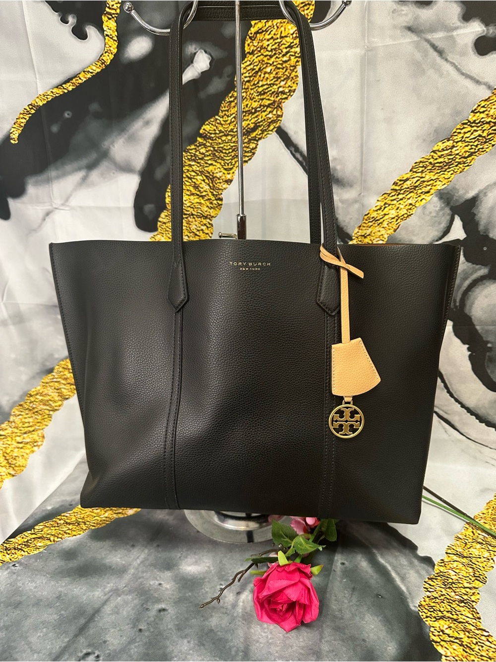 Tory Burch Black Leather Tote with Tan Charm and Gold Logo